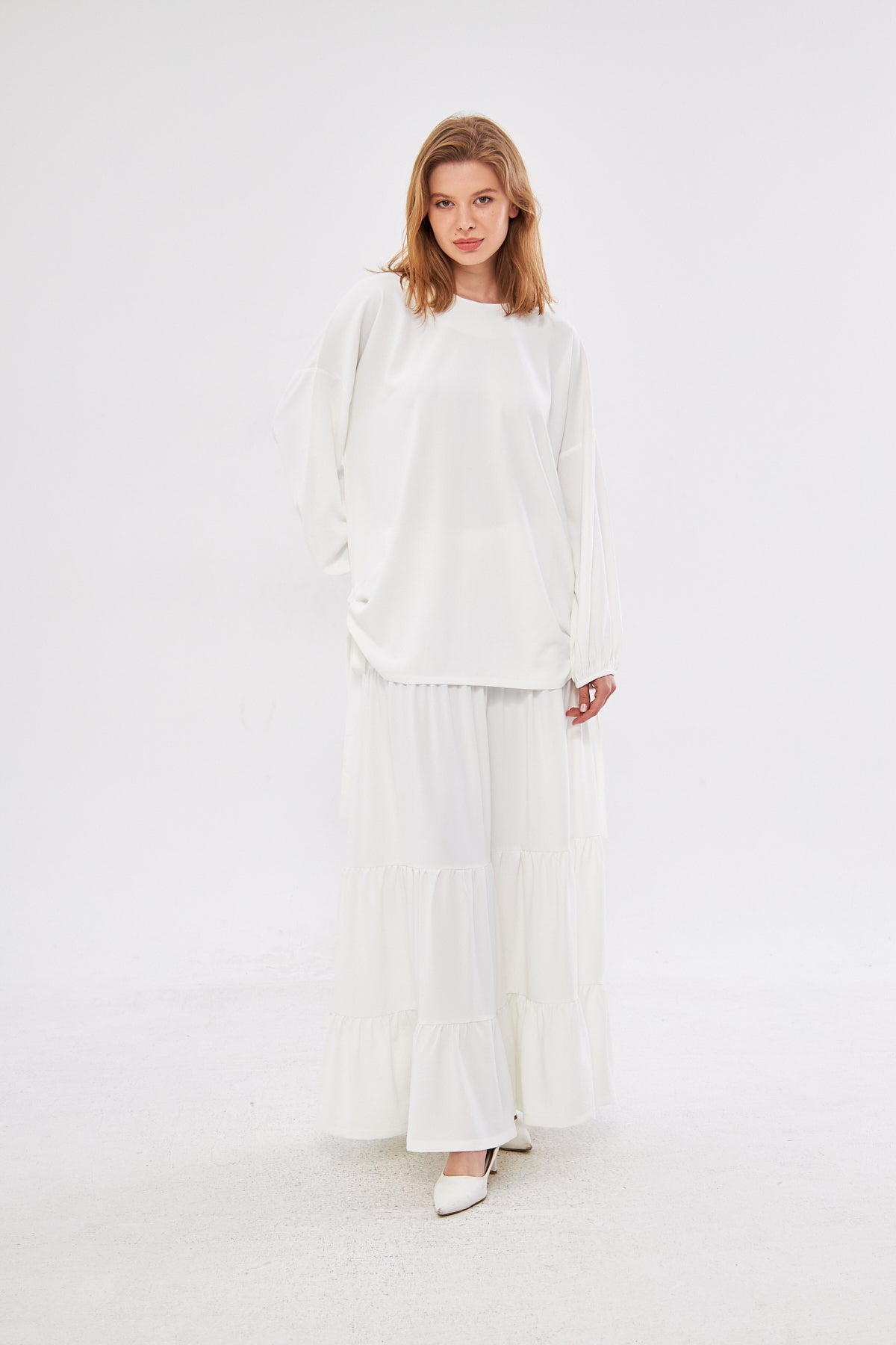 Diana Lantern Sleeve Top & Ruffled Hem Skirt Set- White
