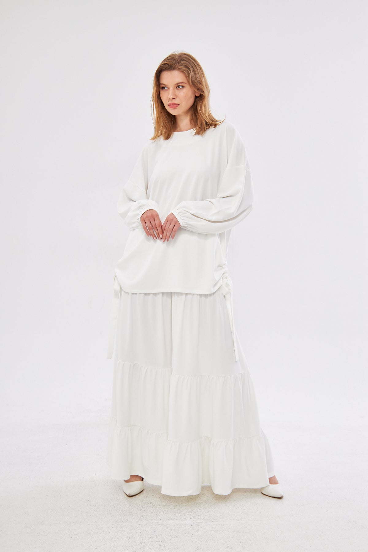 Diana Lantern Sleeve Top & Ruffled Hem Skirt Set- White