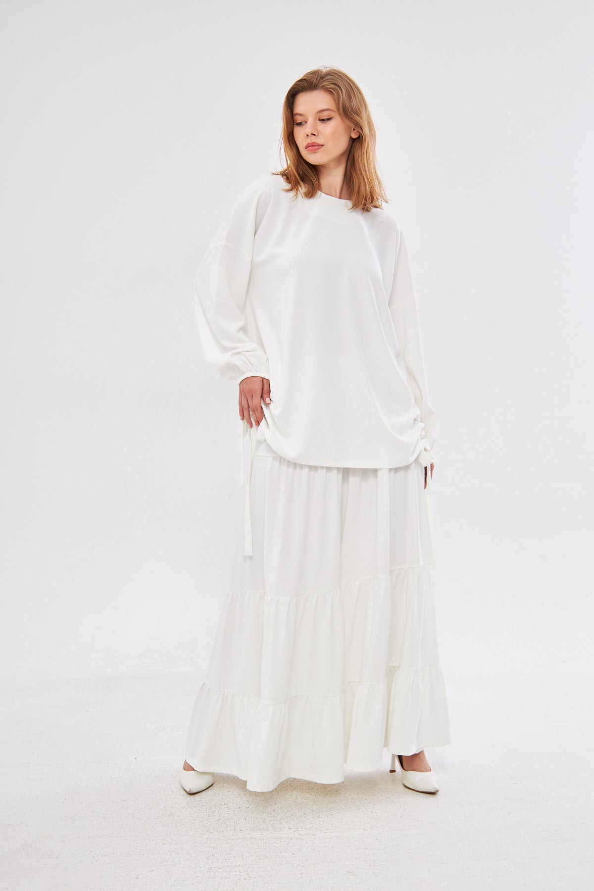 Diana Lantern Sleeve Top & Ruffled Hem Skirt Set- White