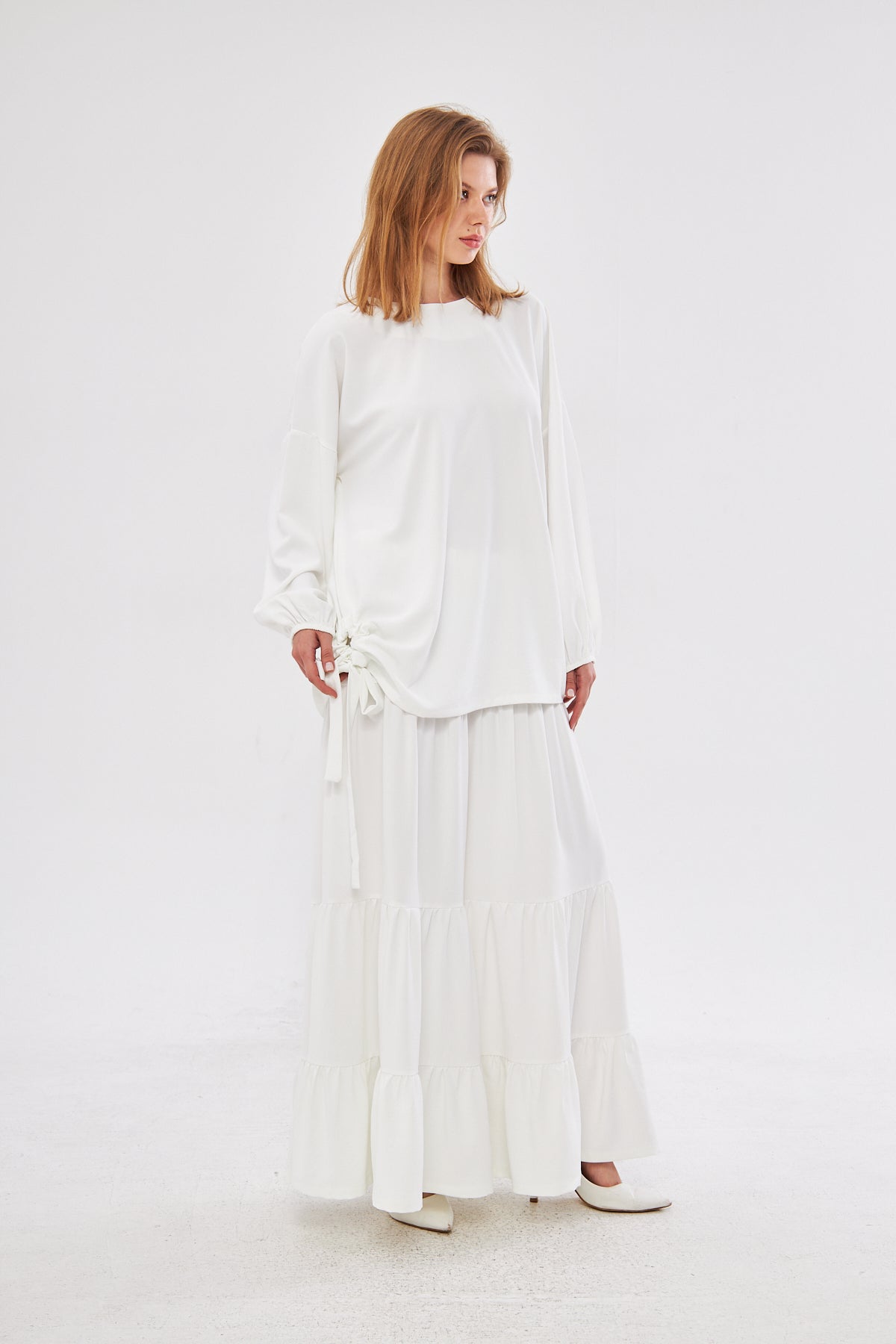 Diana Lantern Sleeve Top & Ruffled Hem Skirt Set- White