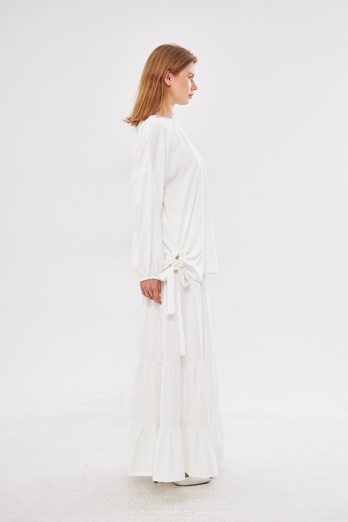 Diana Lantern Sleeve Top & Ruffled Hem Skirt Set- White