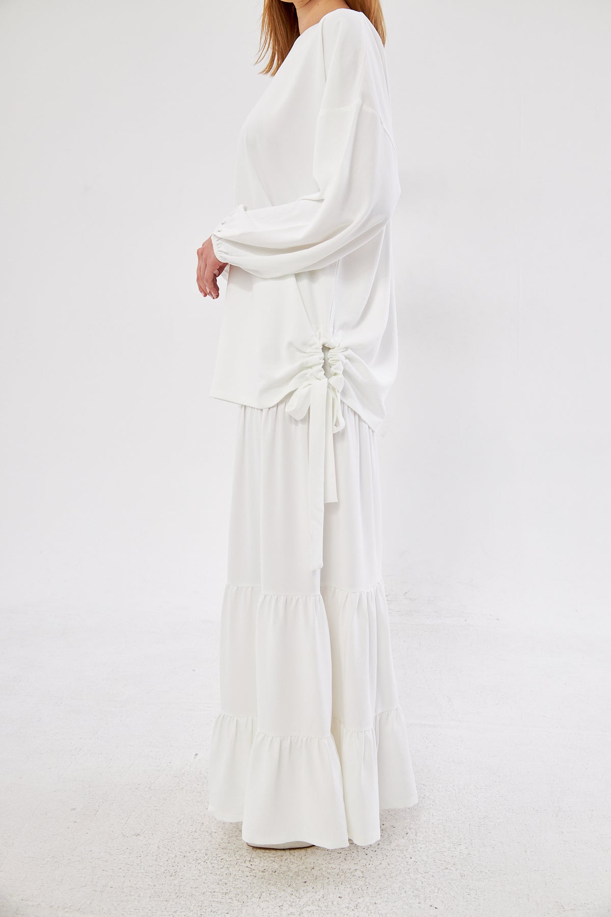 Diana Lantern Sleeve Top & Ruffled Hem Skirt Set- White