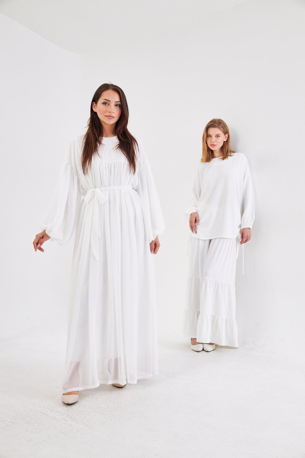 Maria Lantern Sleeve Belted Flowy Dress- Classic White