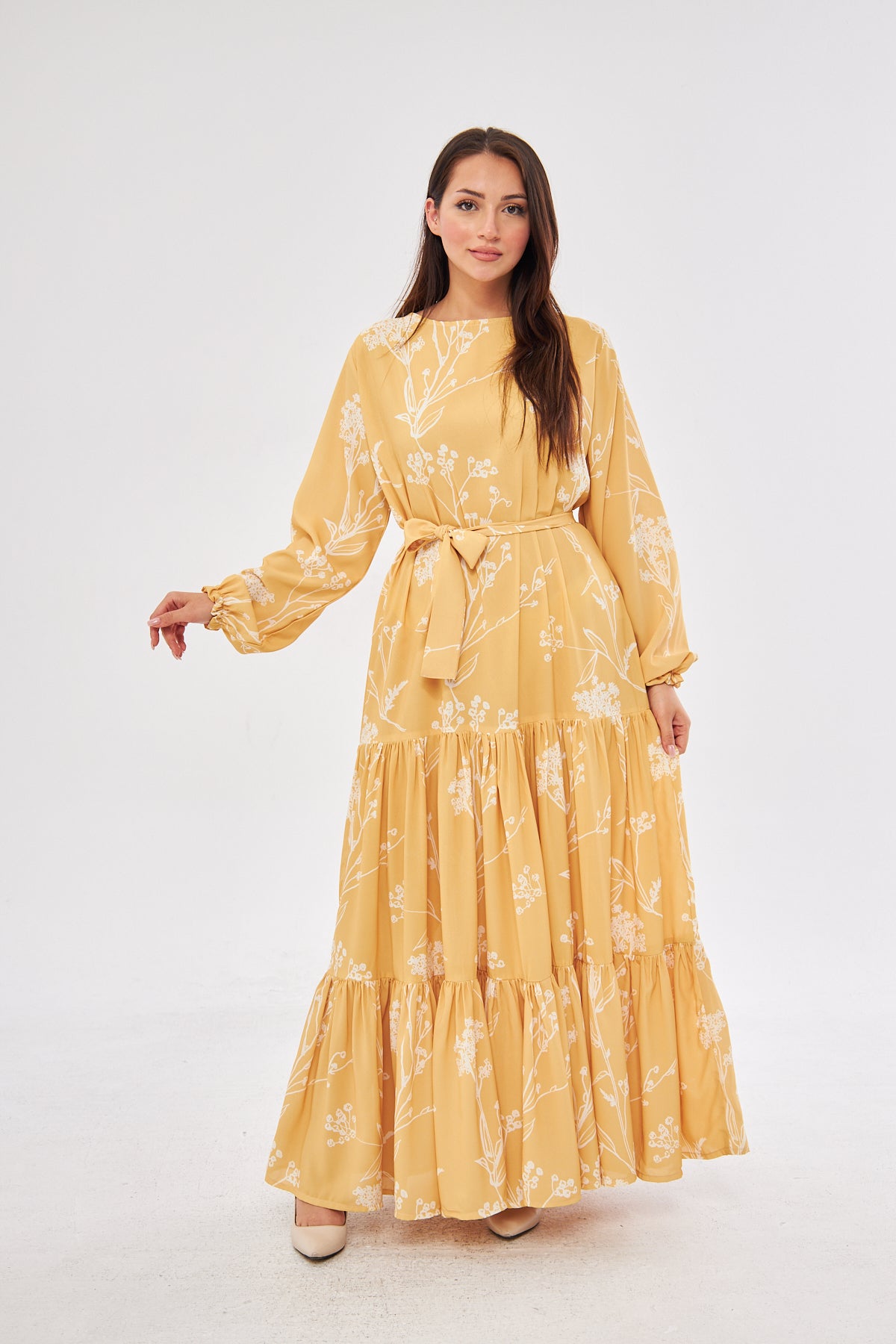 Sunshine Flora Print with Ruffled Hem Dress - White & Yellow