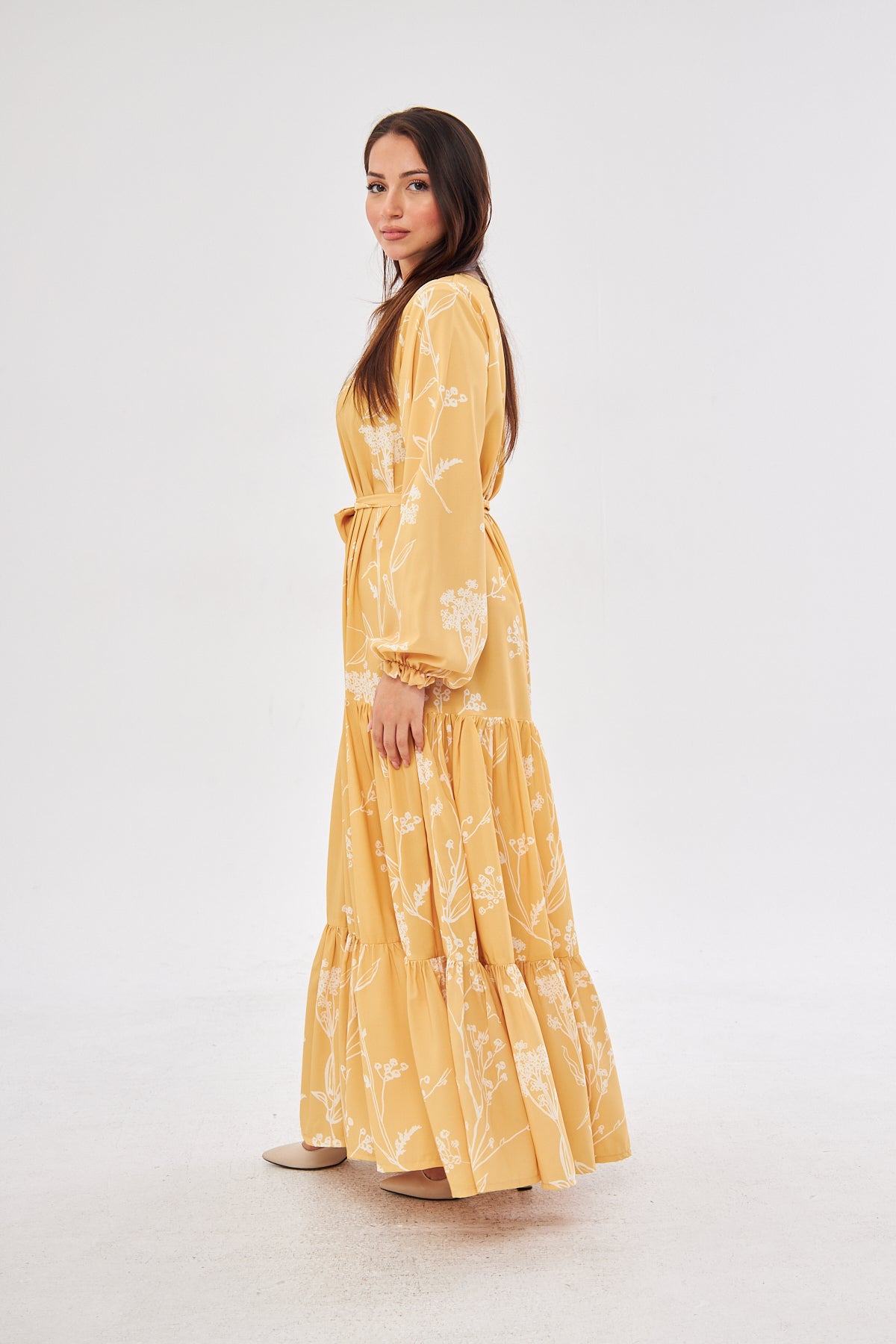 Sunshine Flora Print with Ruffled Hem Dress - White & Yellow