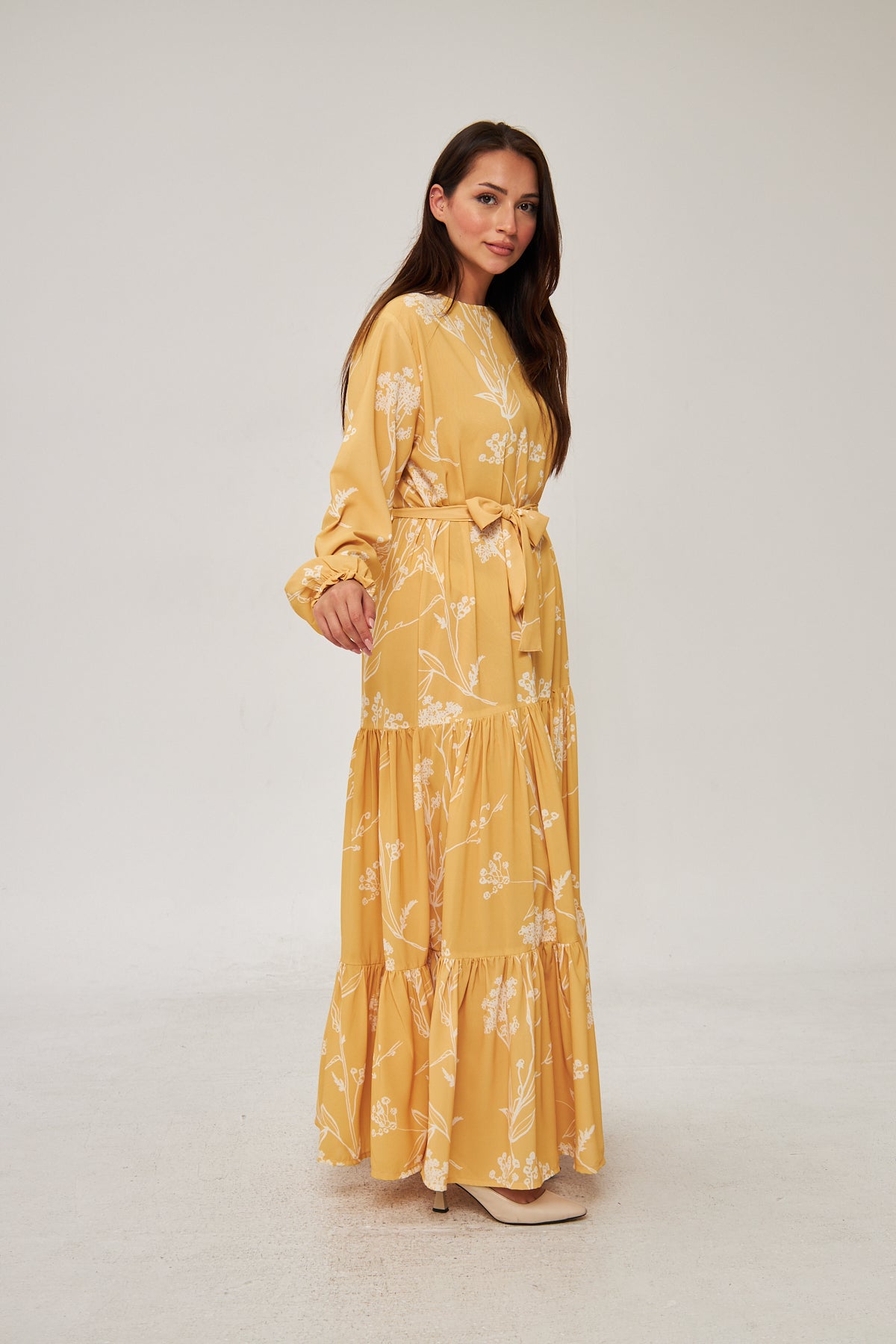 Sunshine Flora Print with Ruffled Hem Dress - White & Yellow