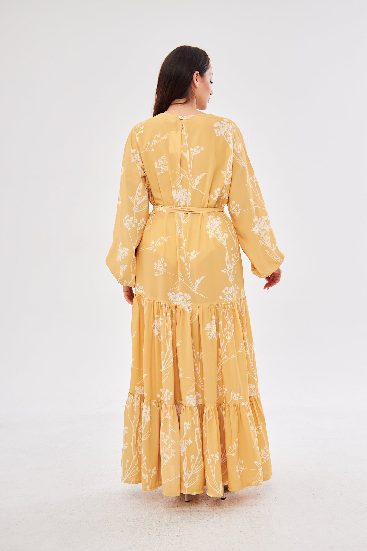 Sunshine Flora Print with Ruffled Hem Dress - White & Yellow
