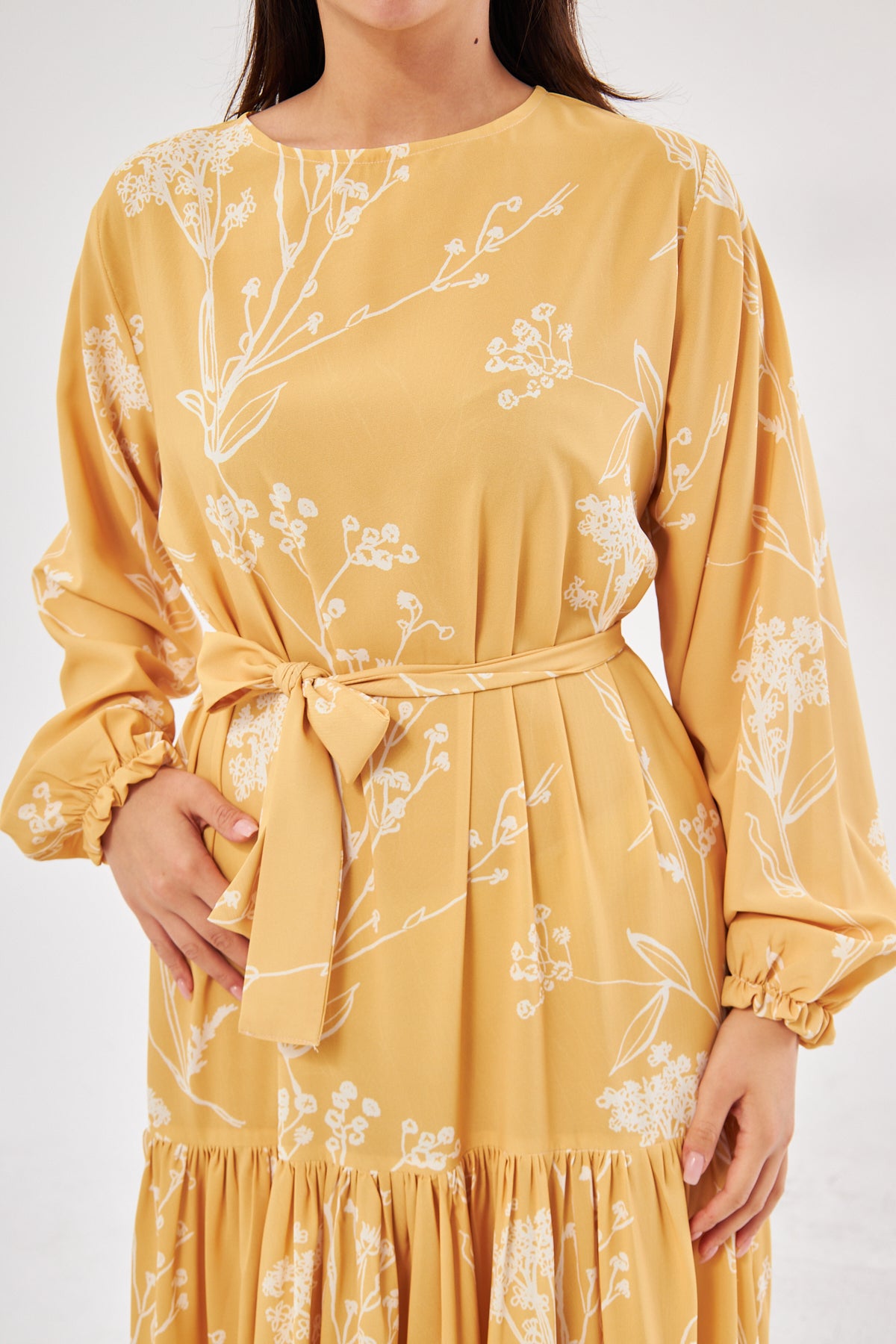 Sunshine Flora Print with Ruffled Hem Dress - White & Yellow