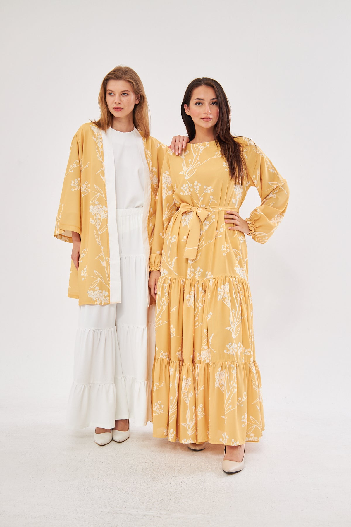 Sunshine Flora Print with Ruffled Hem Dress - White & Yellow