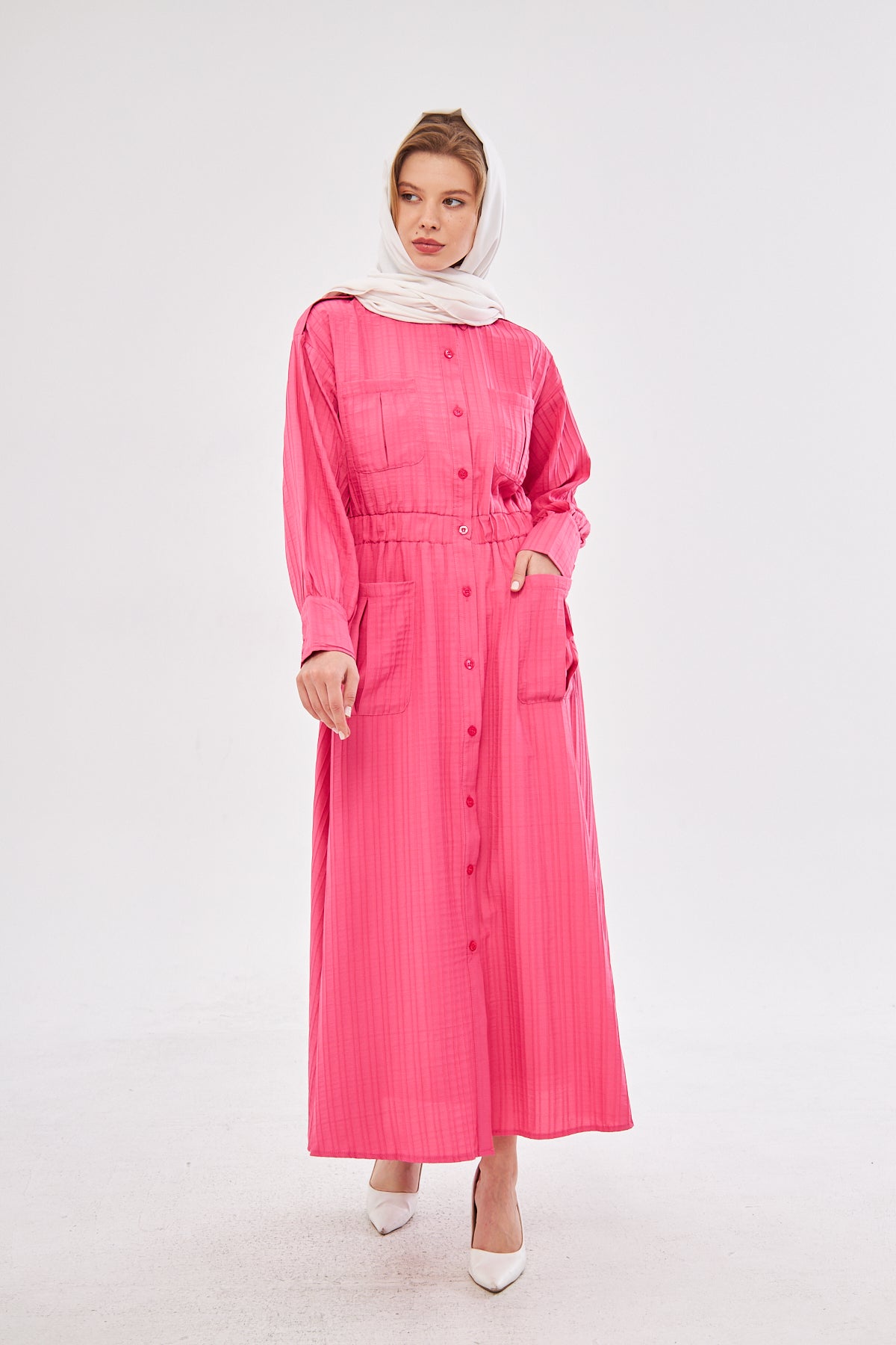 Fuchsia Button Dress With Pockets