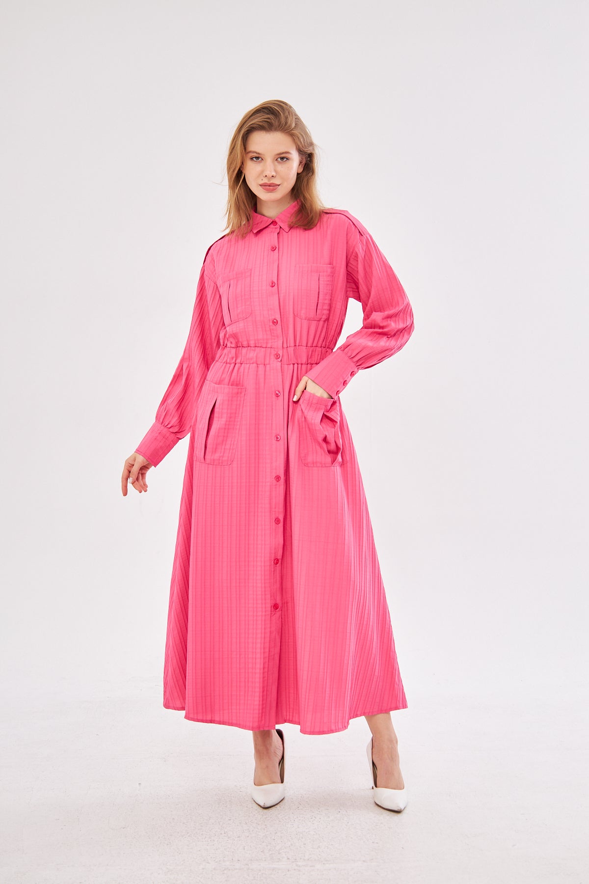Fuchsia Button Dress With Pockets