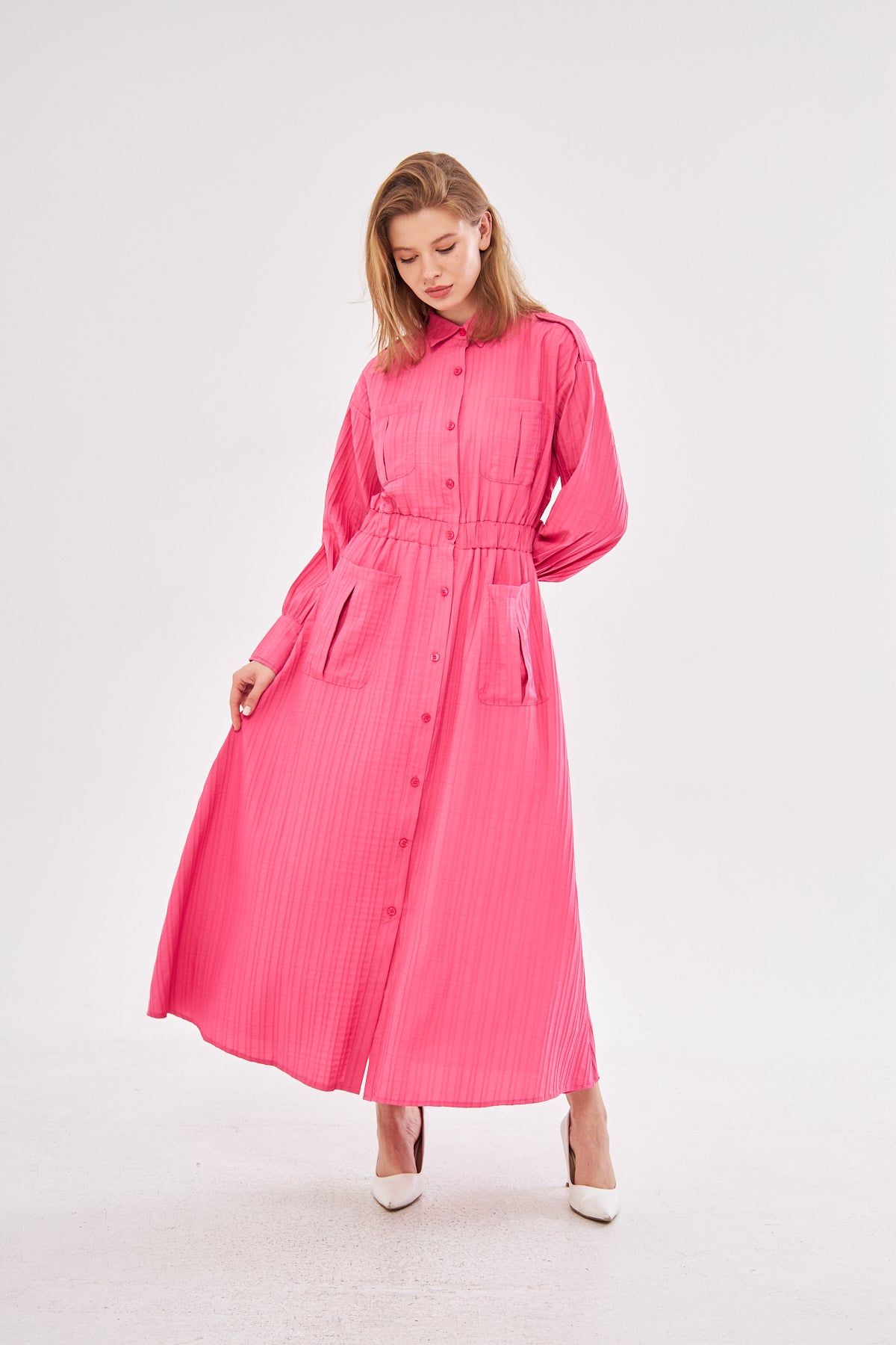 Fuchsia Button Dress With Pockets