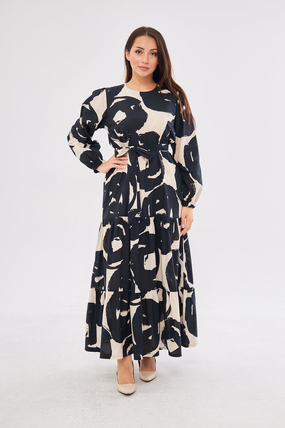 Rebin Abstract Print Summer Dress- Black & Beige