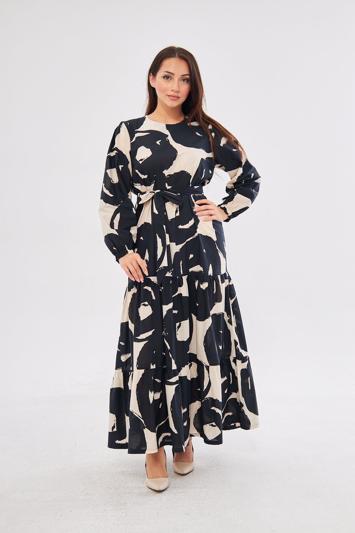 Rebin Abstract Print Summer Dress- Black & Beige