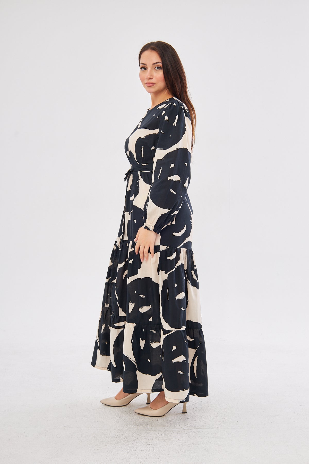 Rebin Abstract Print Summer Dress- Black & Beige