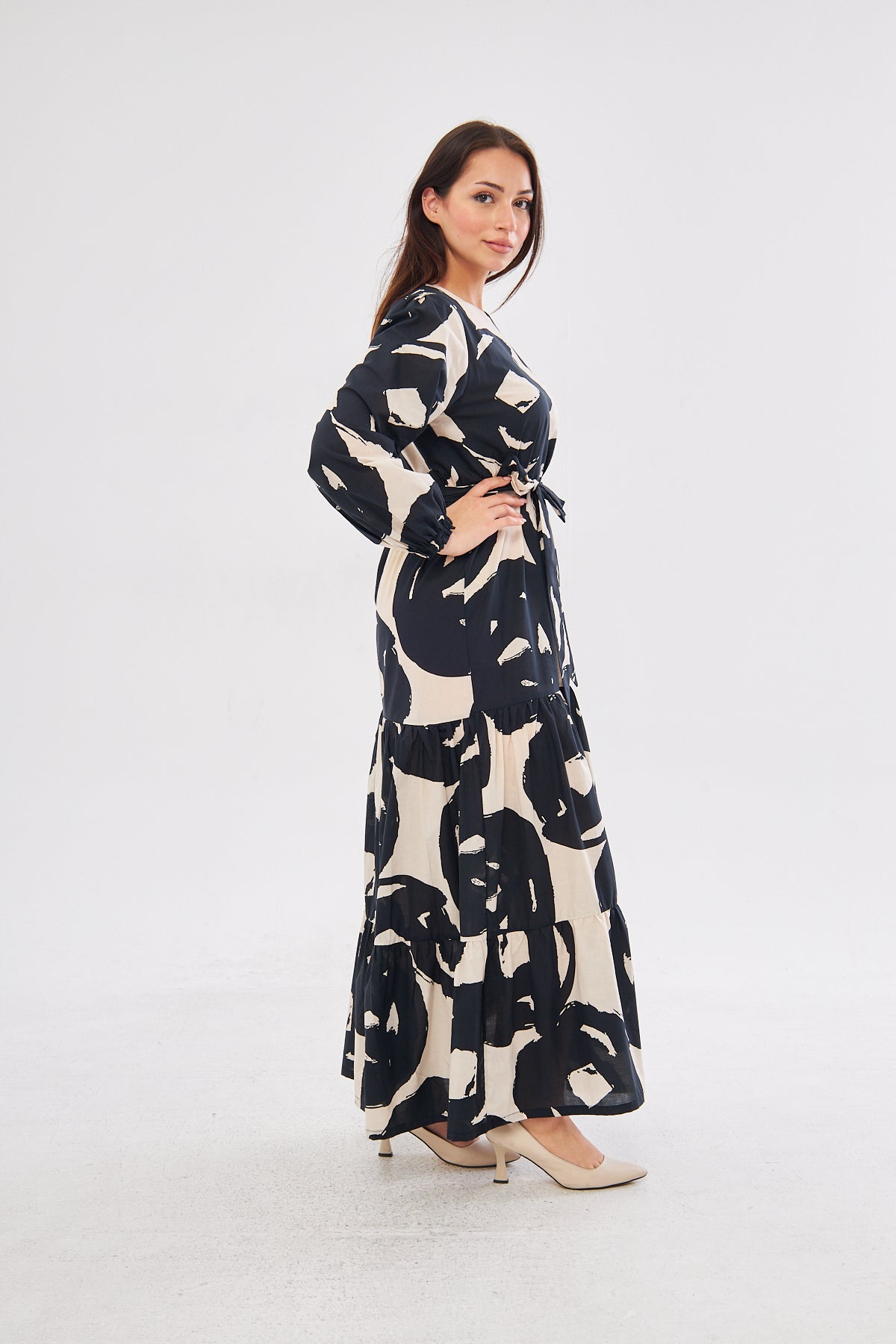 Rebin Abstract Print Summer Dress- Black & Beige