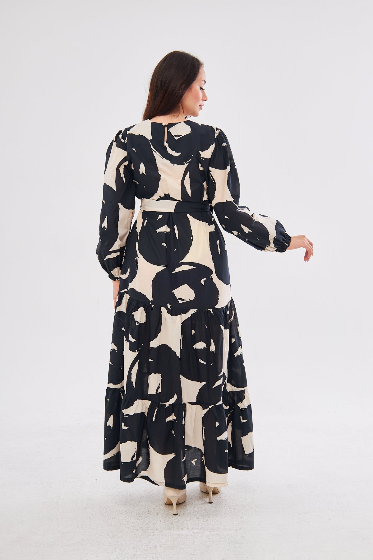 Rebin Abstract Print Summer Dress- Black & Beige