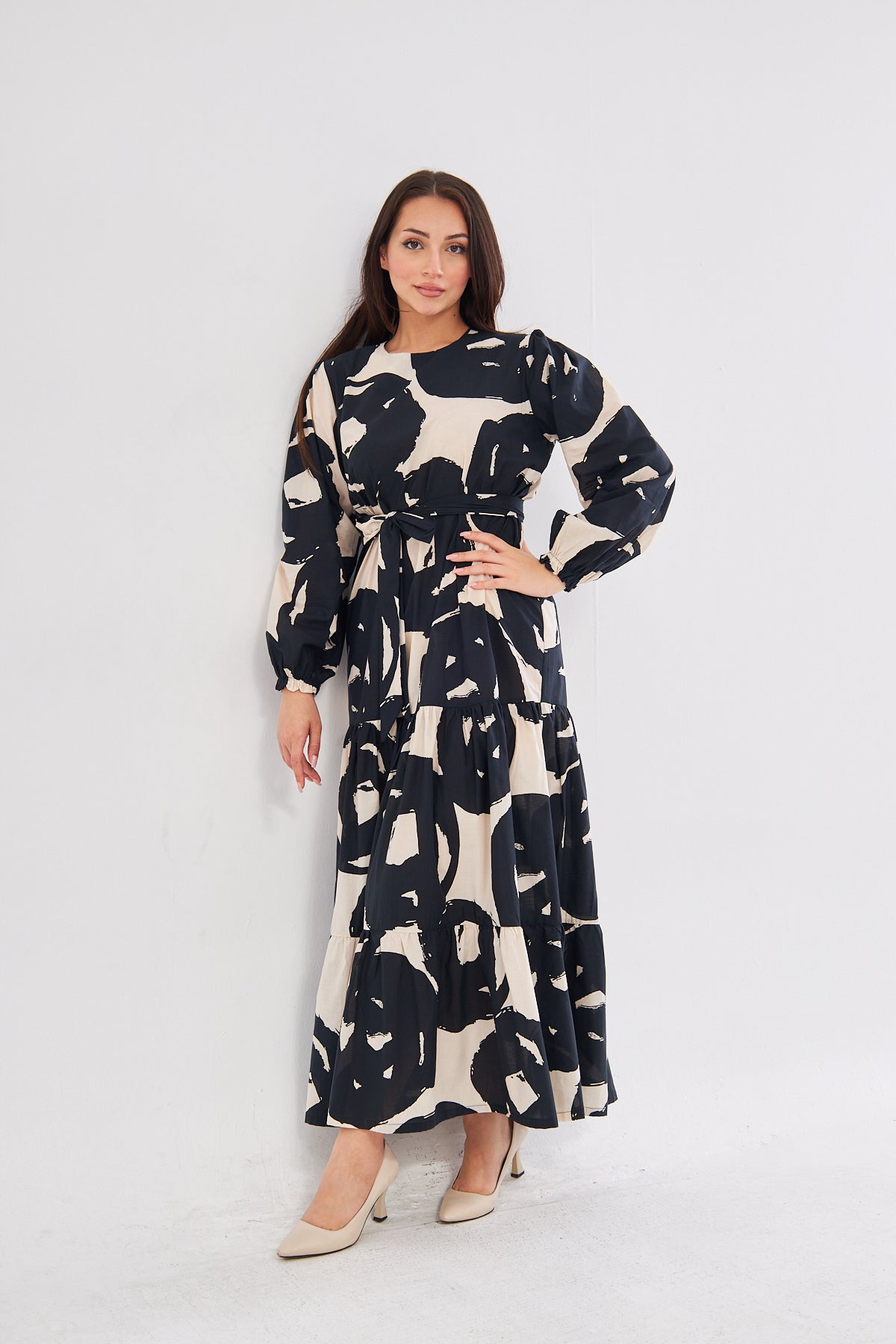 Rebin Abstract Print Summer Dress- Black & Beige