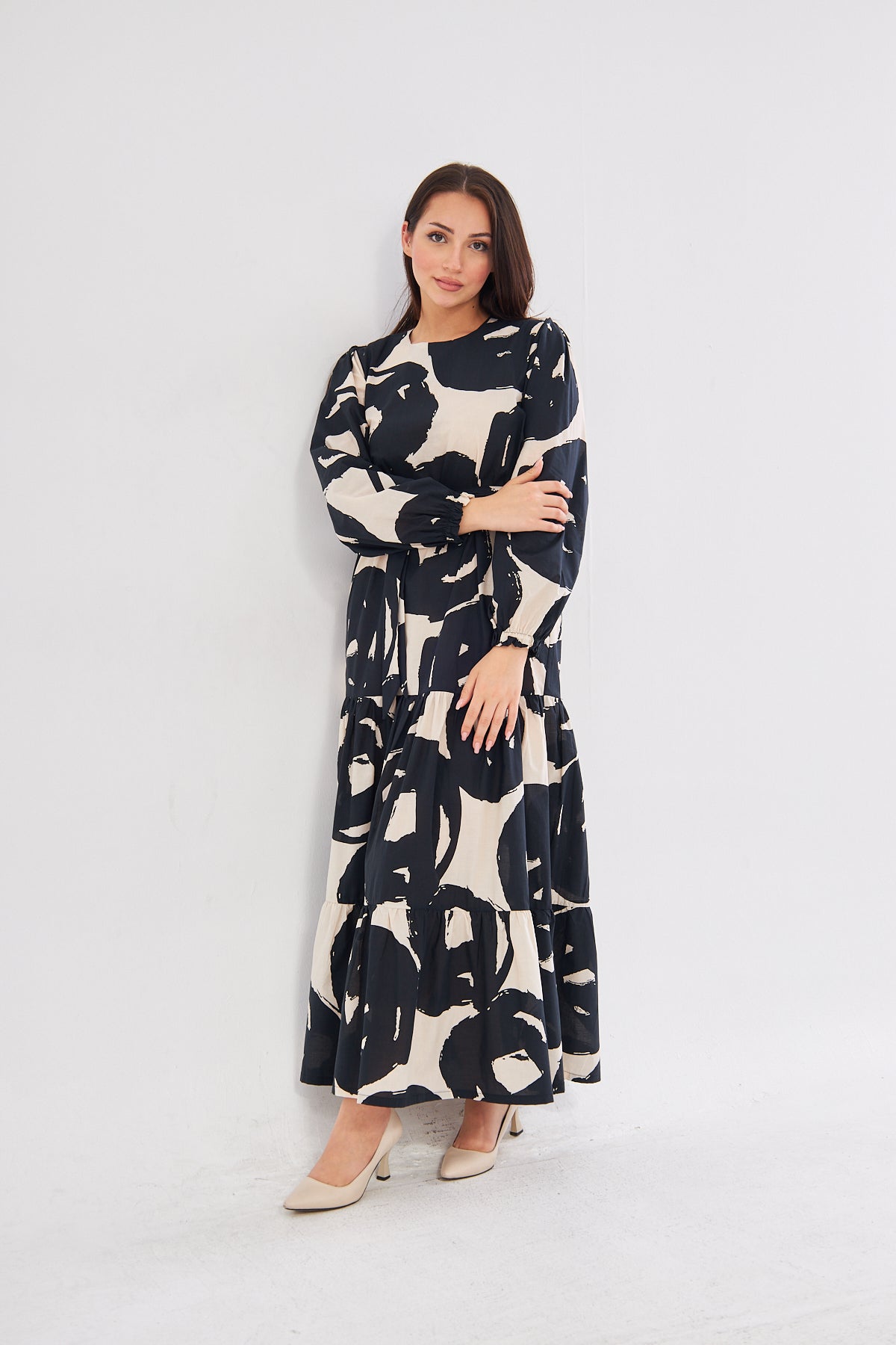 Rebin Abstract Print Summer Dress- Black & Beige