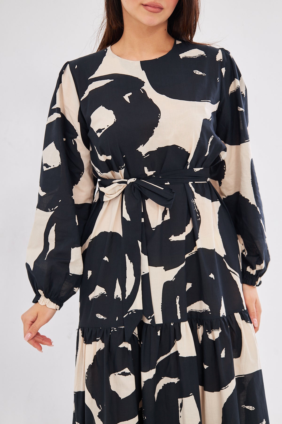 Rebin Abstract Print Summer Dress- Black & Beige