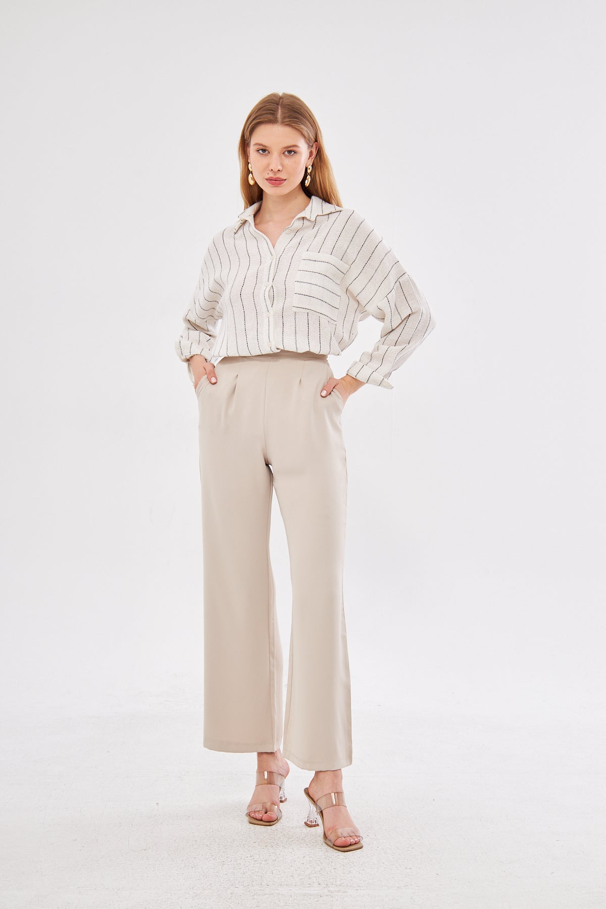 Lucy High Rise Flared Capri Pants- Beige