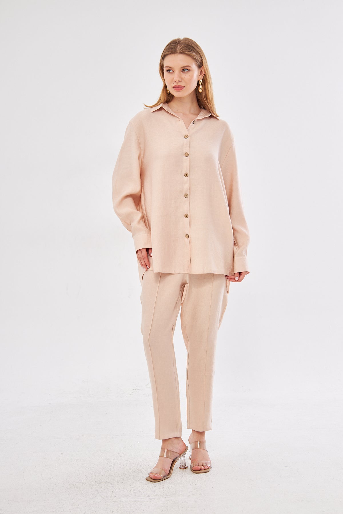 Amaya Long Sleeve Shirt & Pant Seam Detail Pants Set- Beige
