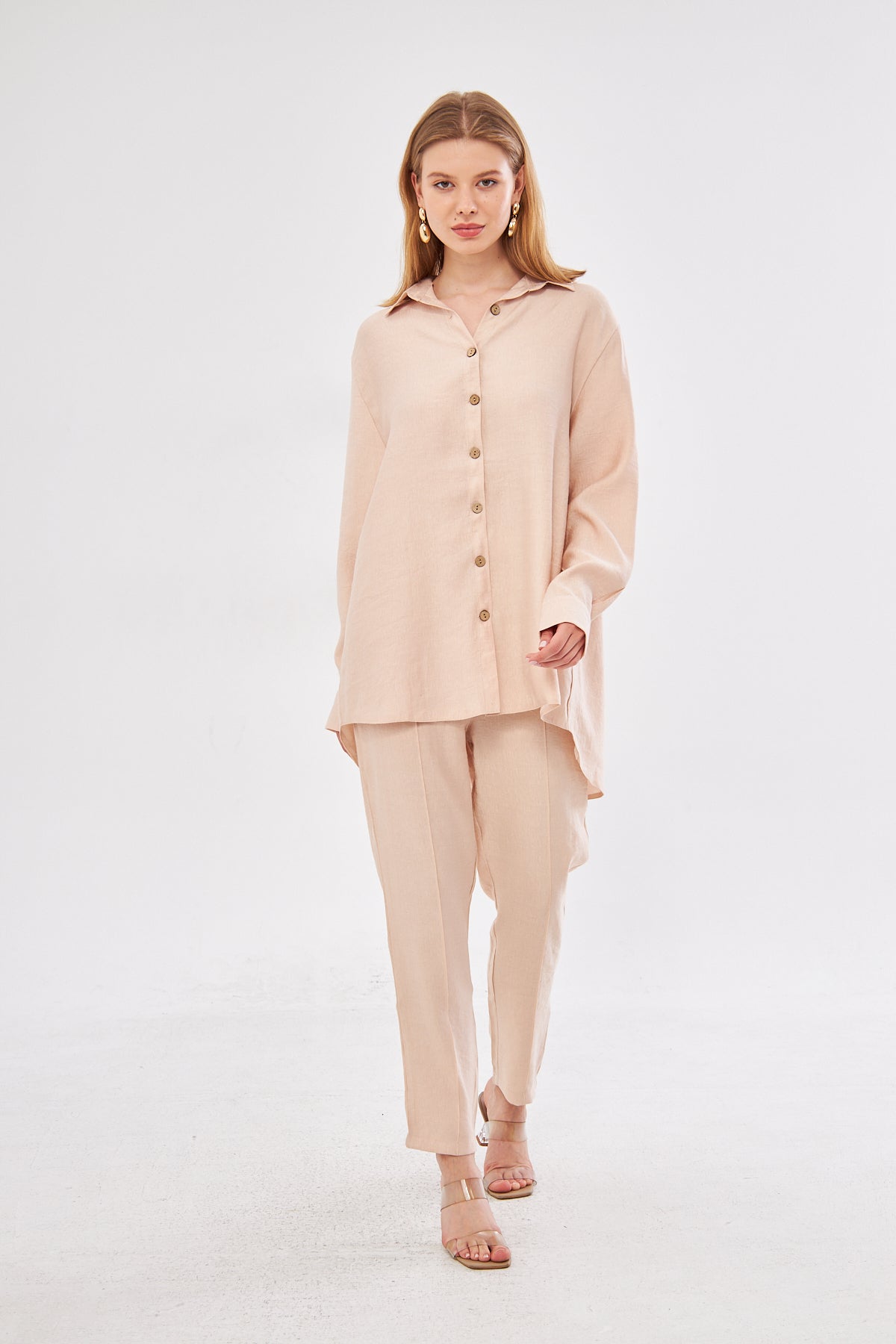 Amaya Long Sleeve Shirt & Pant Seam Detail Pants Set- Beige