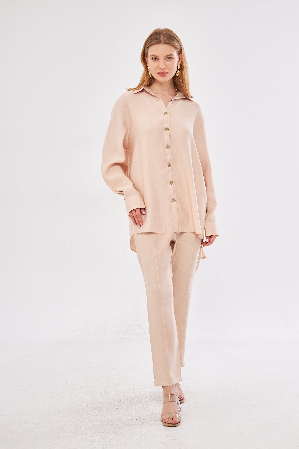 Amaya Long Sleeve Shirt & Pant Seam Detail Pants Set- Beige