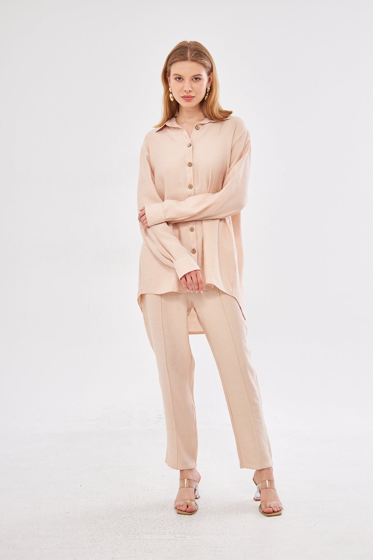 Amaya Long Sleeve Shirt & Pant Seam Detail Pants Set- Beige