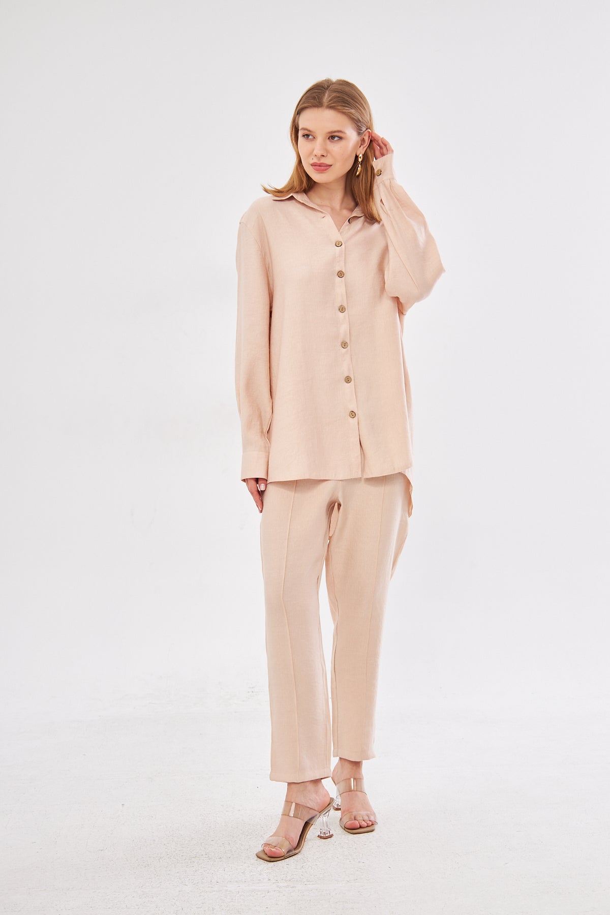 Amaya Long Sleeve Shirt & Pant Seam Detail Pants Set- Beige