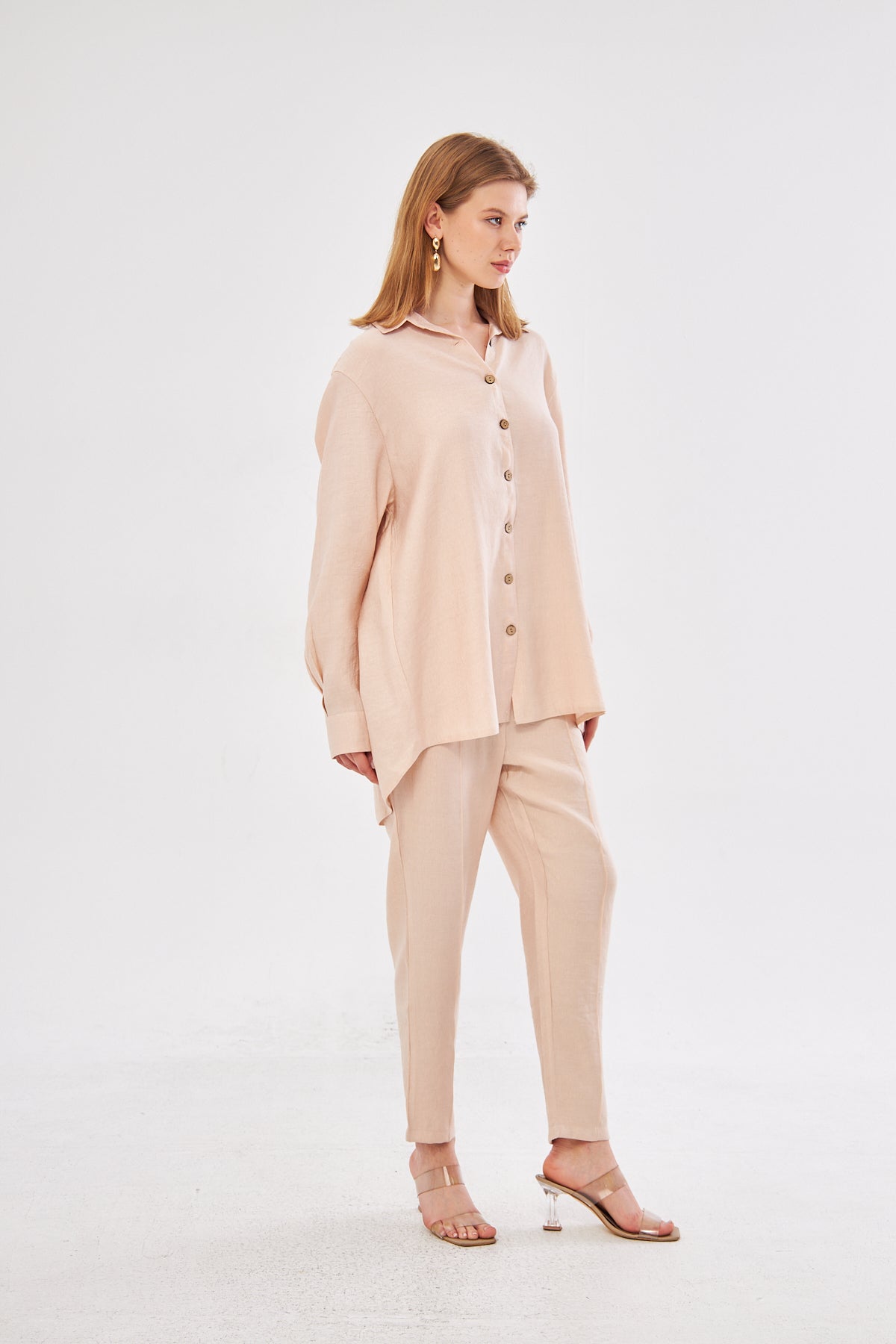 Amaya Long Sleeve Shirt & Pant Seam Detail Pants Set- Beige