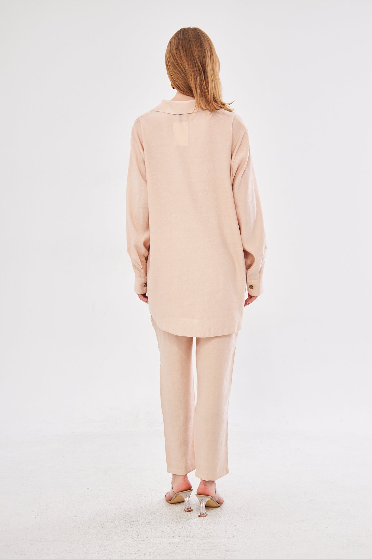 Amaya Long Sleeve Shirt & Pant Seam Detail Pants Set- Beige