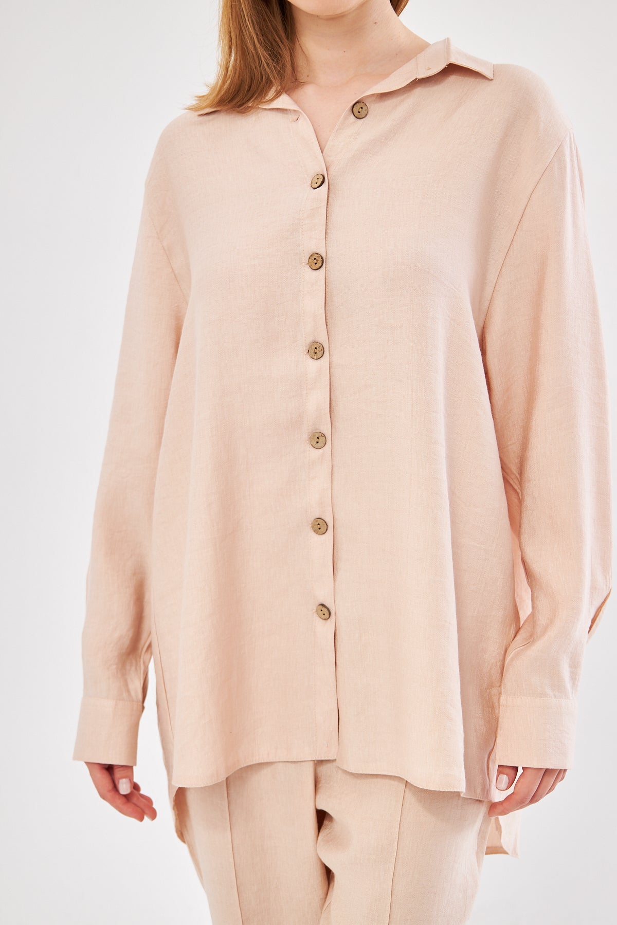 Amaya Long Sleeve Shirt & Pant Seam Detail Pants Set- Beige