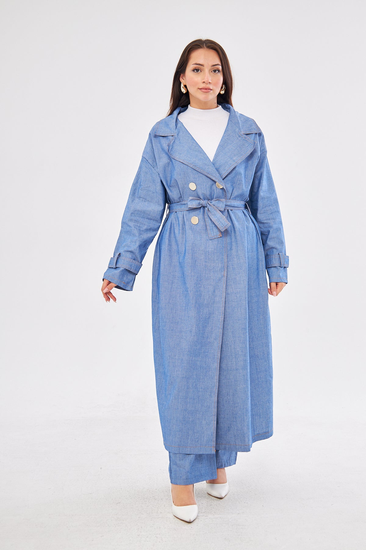 Aliyah Denim Belted Coat & High-Waisted Pants set- Blue