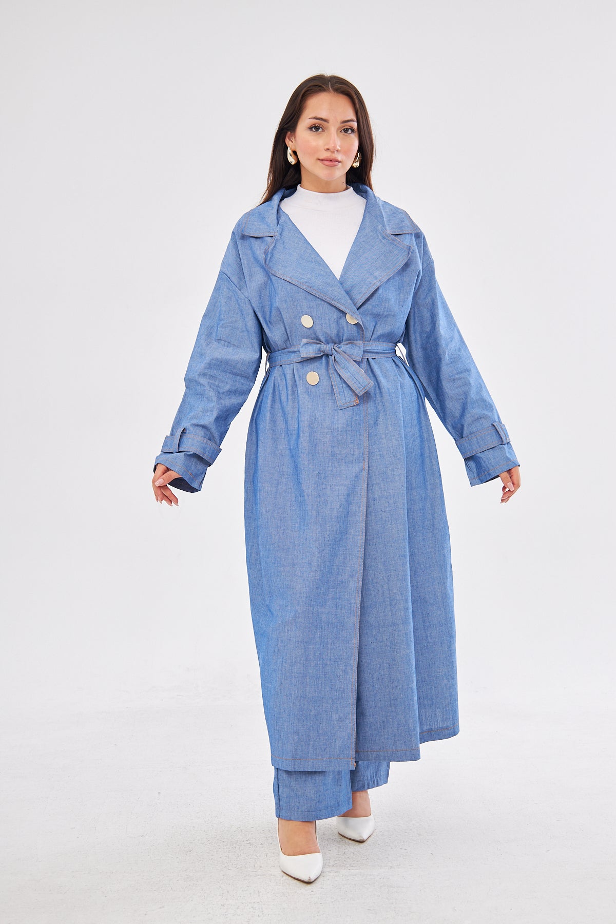 Aliyah Denim Belted Coat & High-Waisted Pants set- Blue