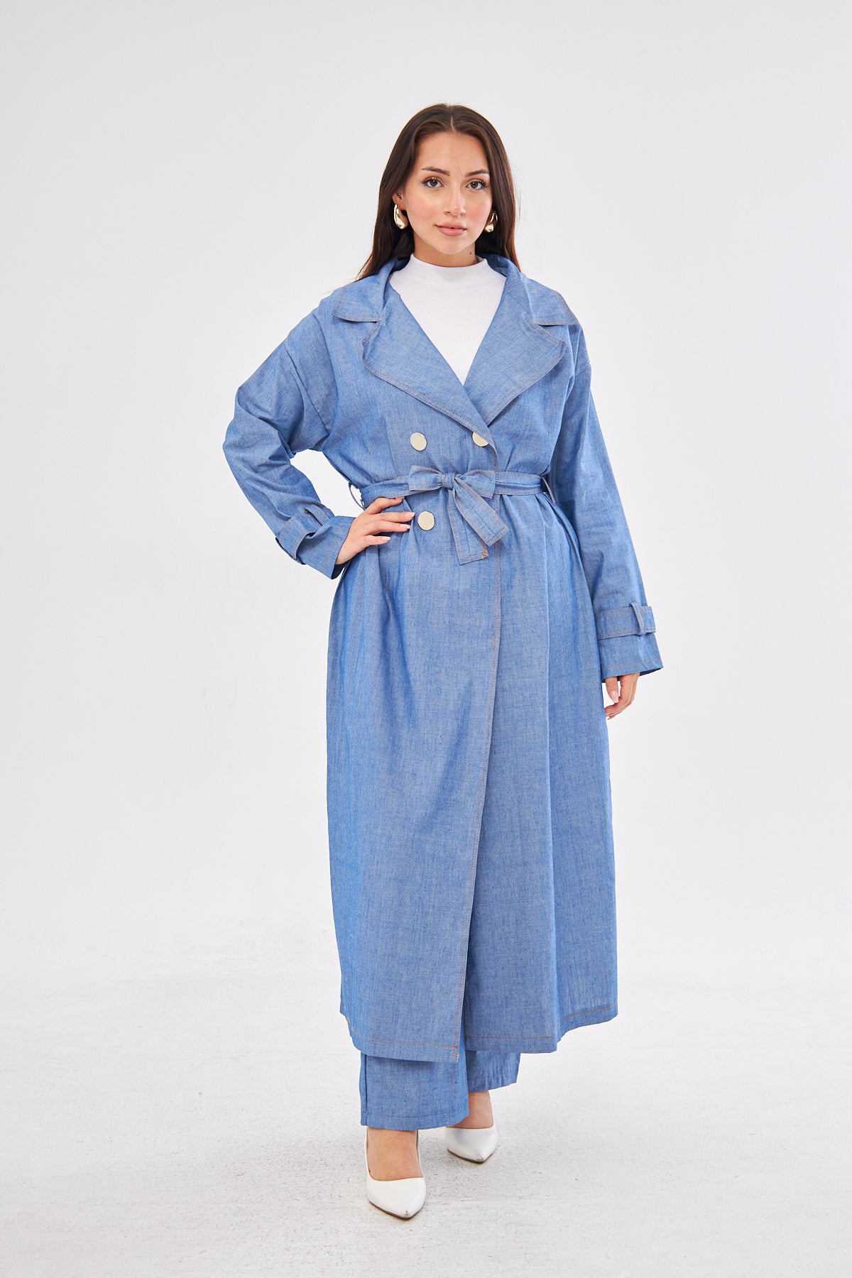 Aliyah Denim Belted Coat & High-Waisted Pants set- Blue