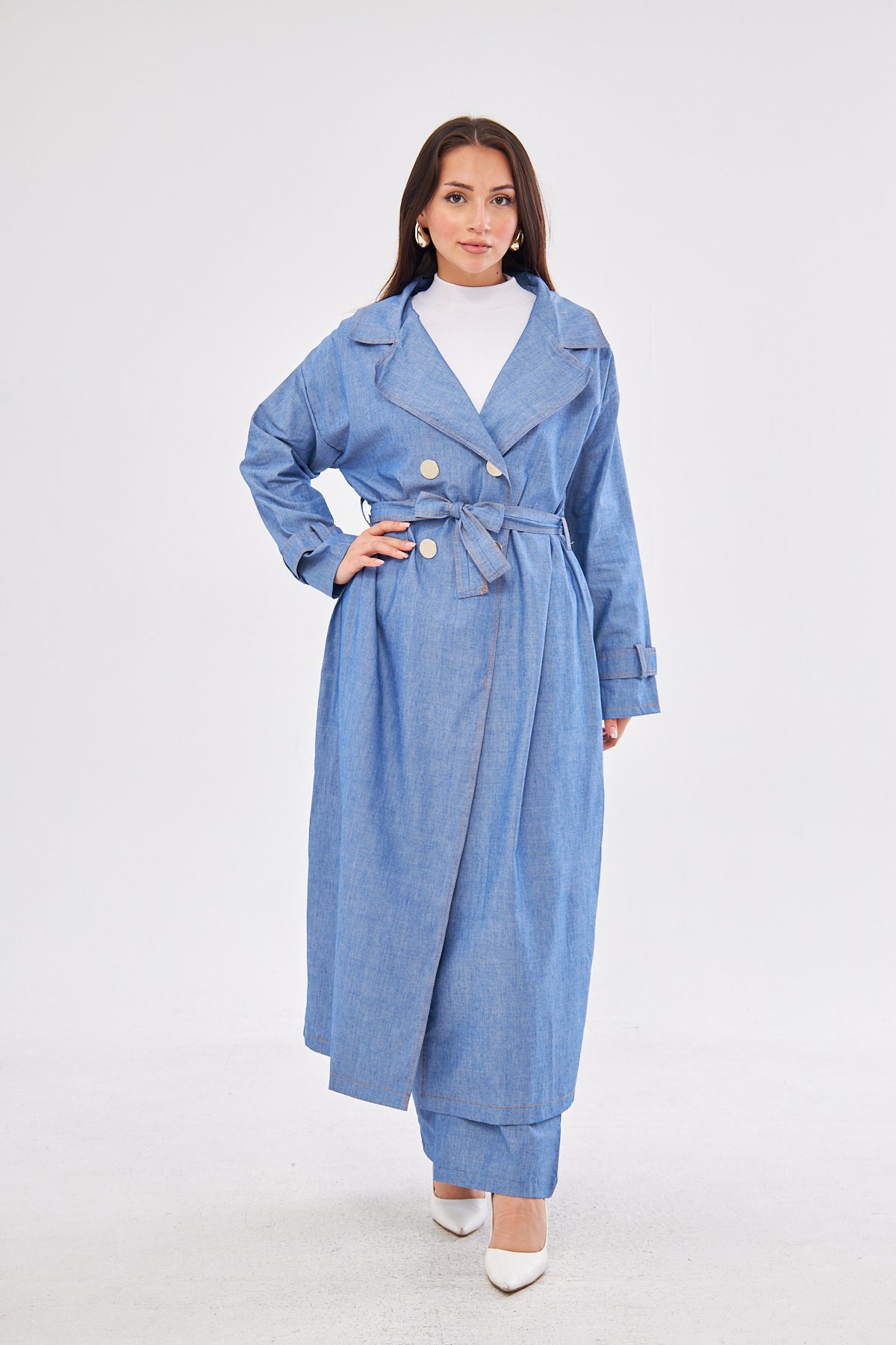 Aliyah Denim Belted Coat & High-Waisted Pants set- Blue