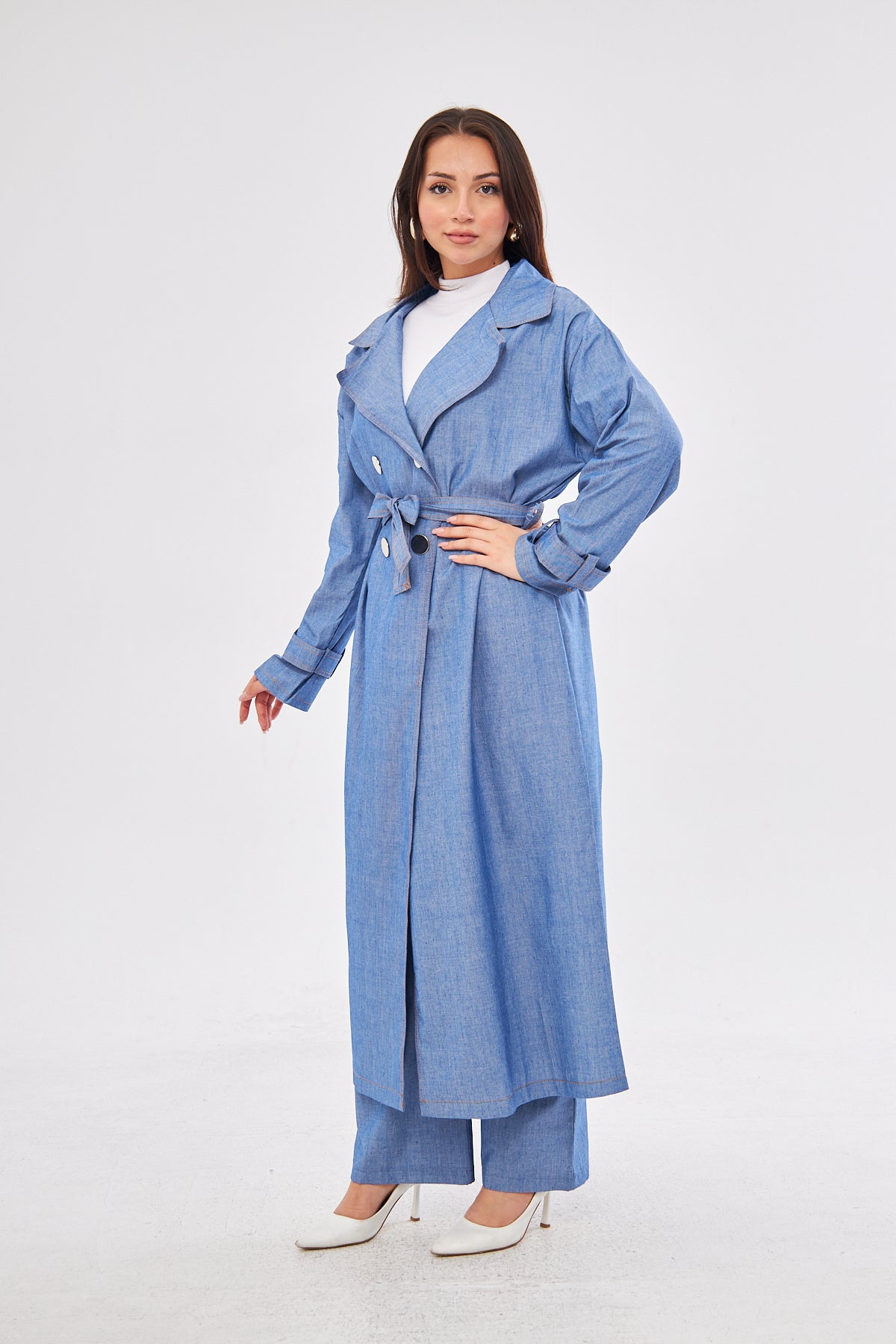 Aliyah Denim Belted Coat & High-Waisted Pants set- Blue