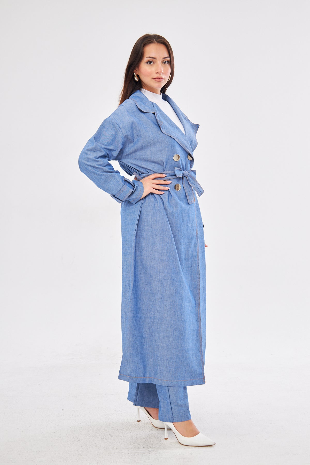 Aliyah Denim Belted Coat & High-Waisted Pants set- Blue