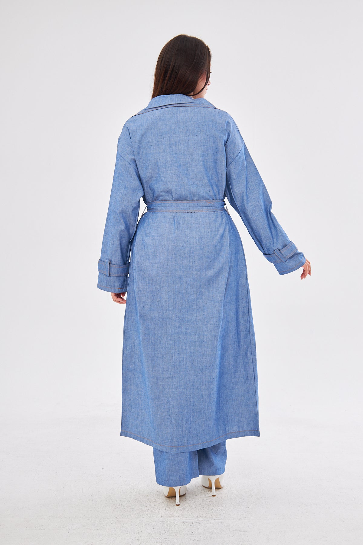 Aliyah Denim Belted Coat & High-Waisted Pants set- Blue