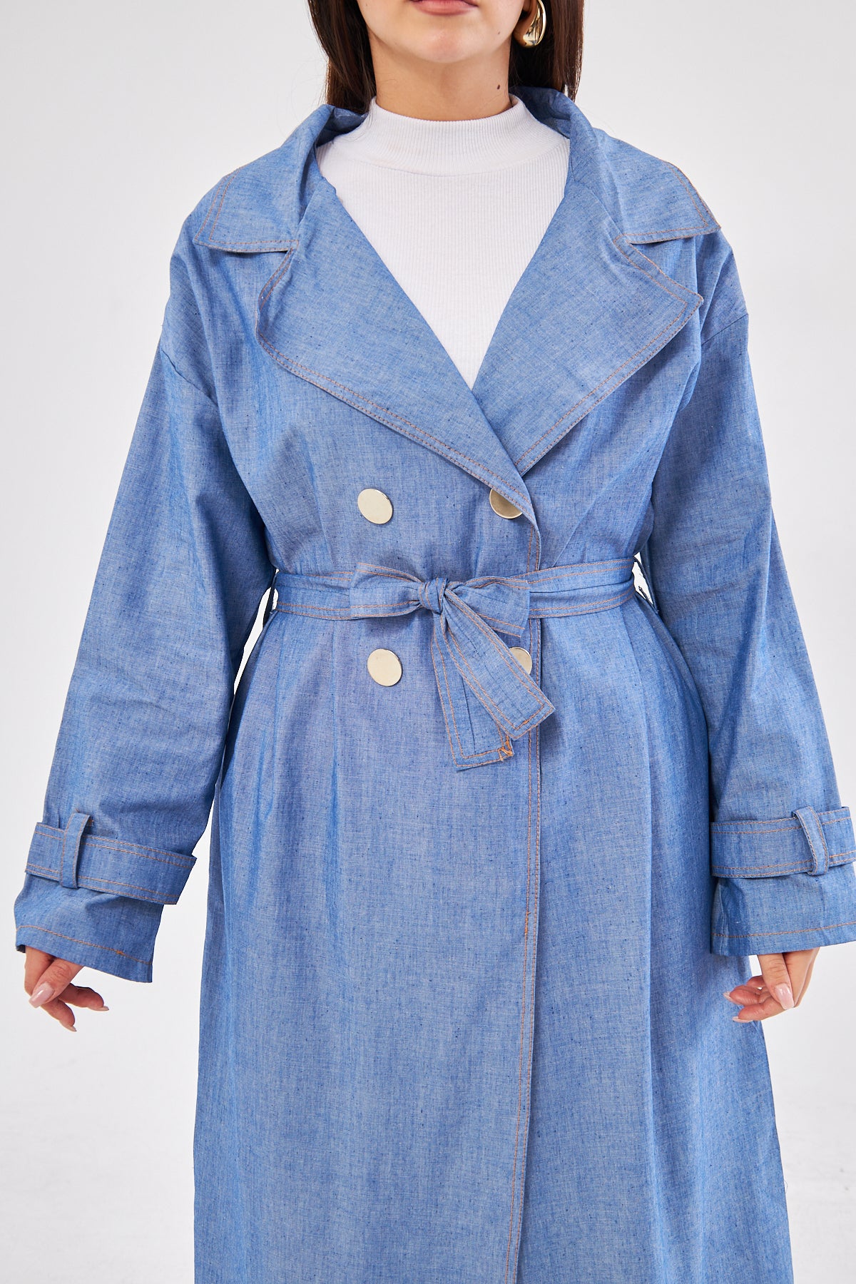 Aliyah Denim Belted Coat & High-Waisted Pants set- Blue