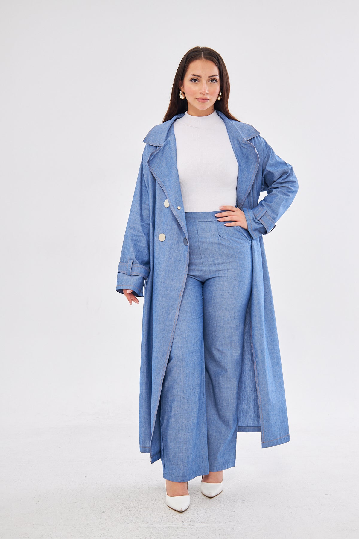 Aliyah Denim Belted Coat & High-Waisted Pants set- Blue
