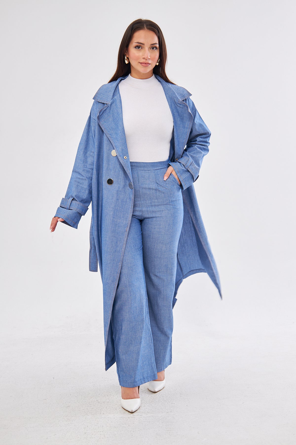 Aliyah Denim Belted Coat & High-Waisted Pants set- Blue