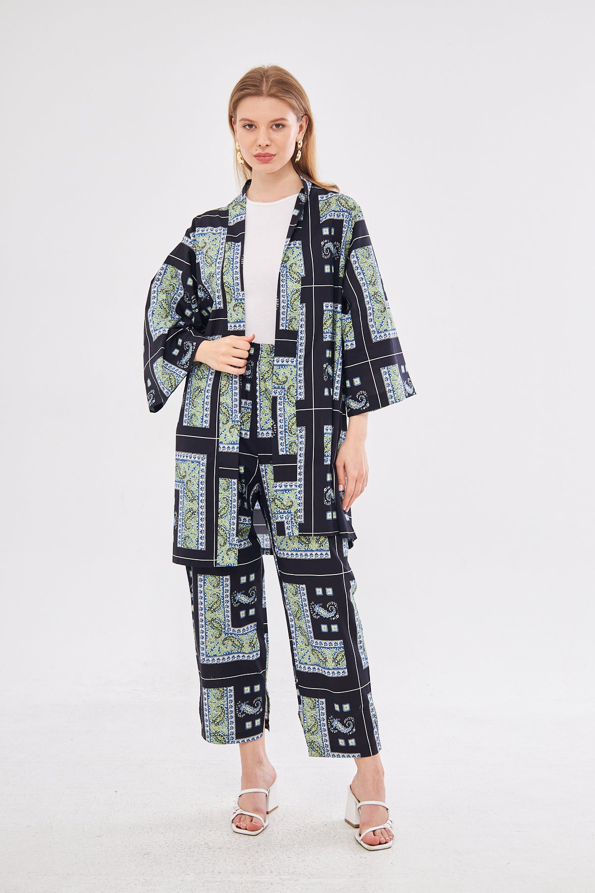 Jordan Printed Patchwork Kimono & Pant Set - Black