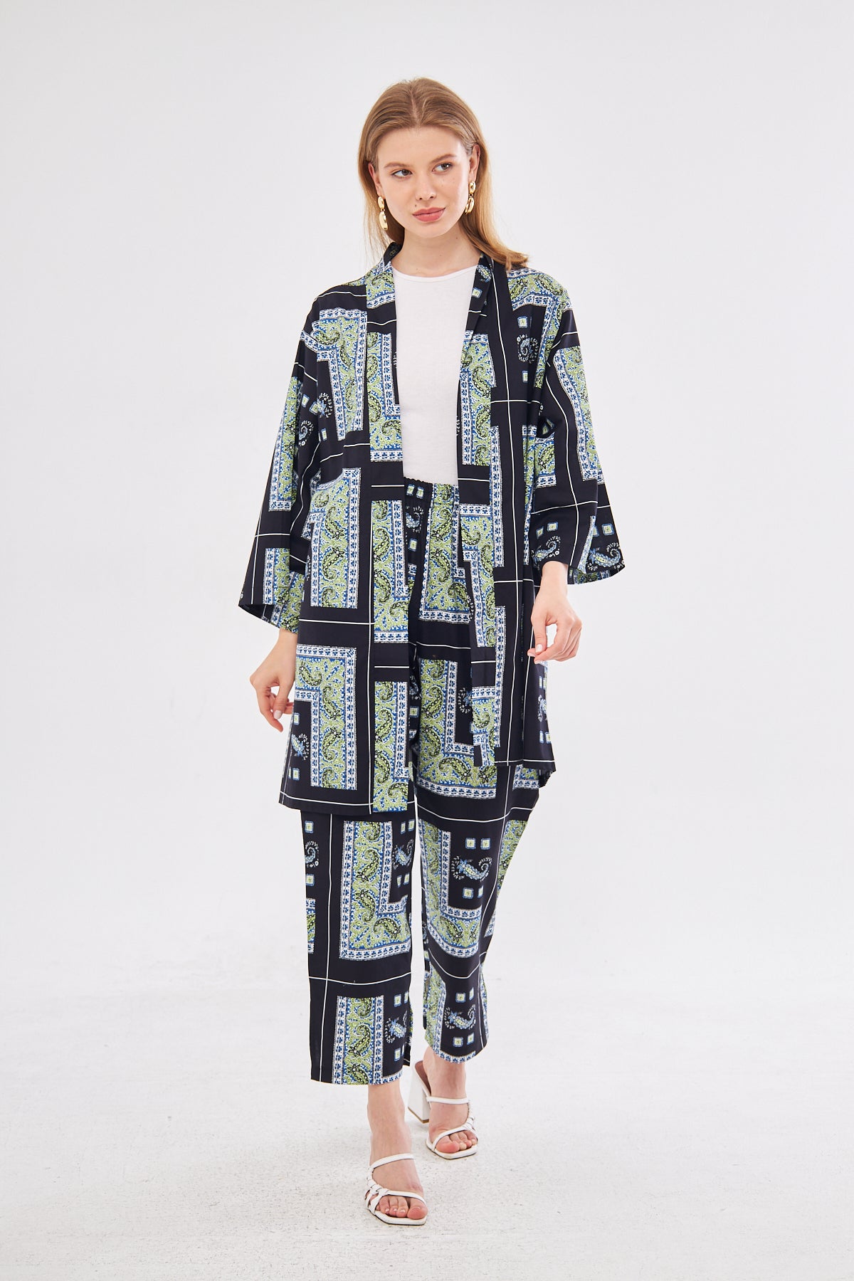 Jordan Printed Patchwork Kimono & Pant Set - Black