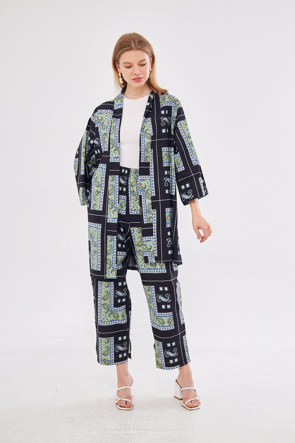 Jordan Printed Patchwork Kimono & Pant Set - Black