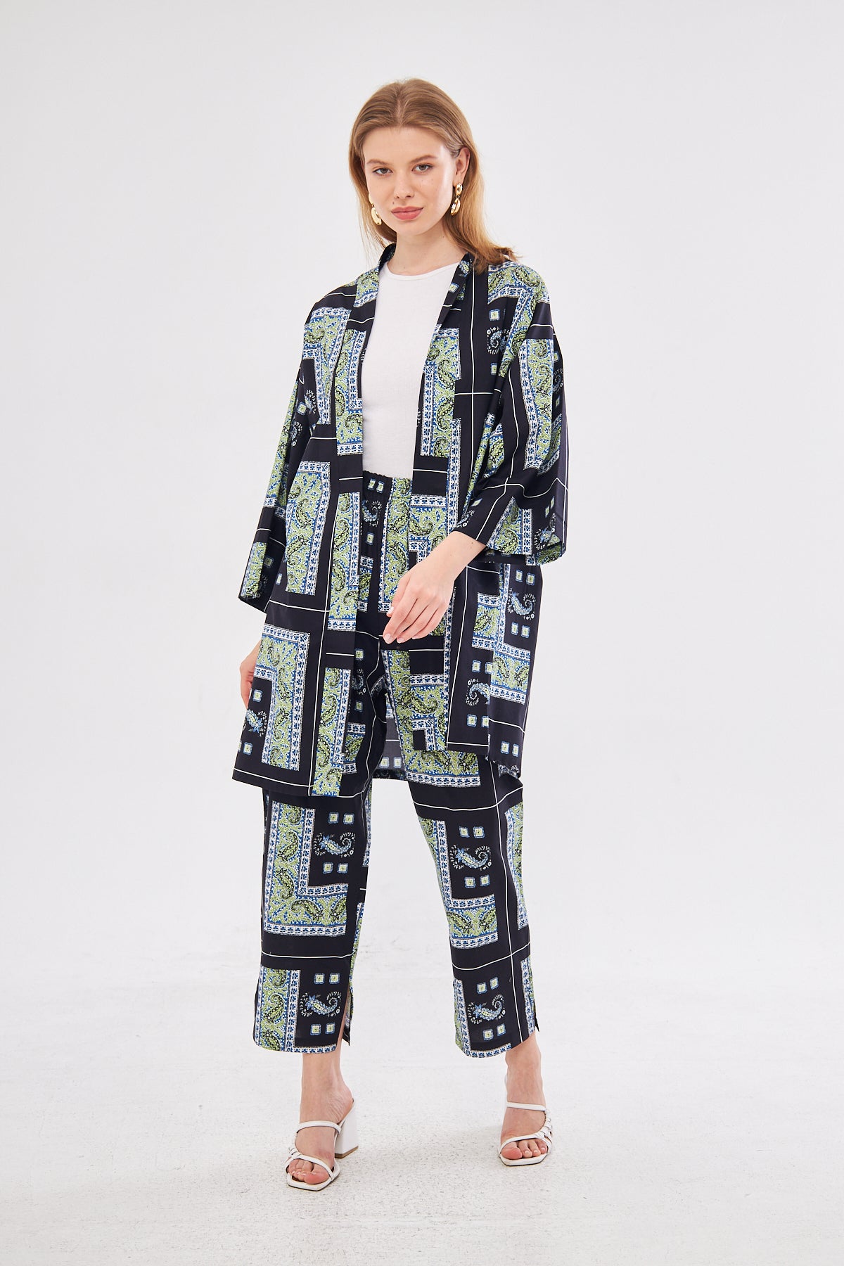 Jordan Printed Patchwork Kimono & Pant Set - Black