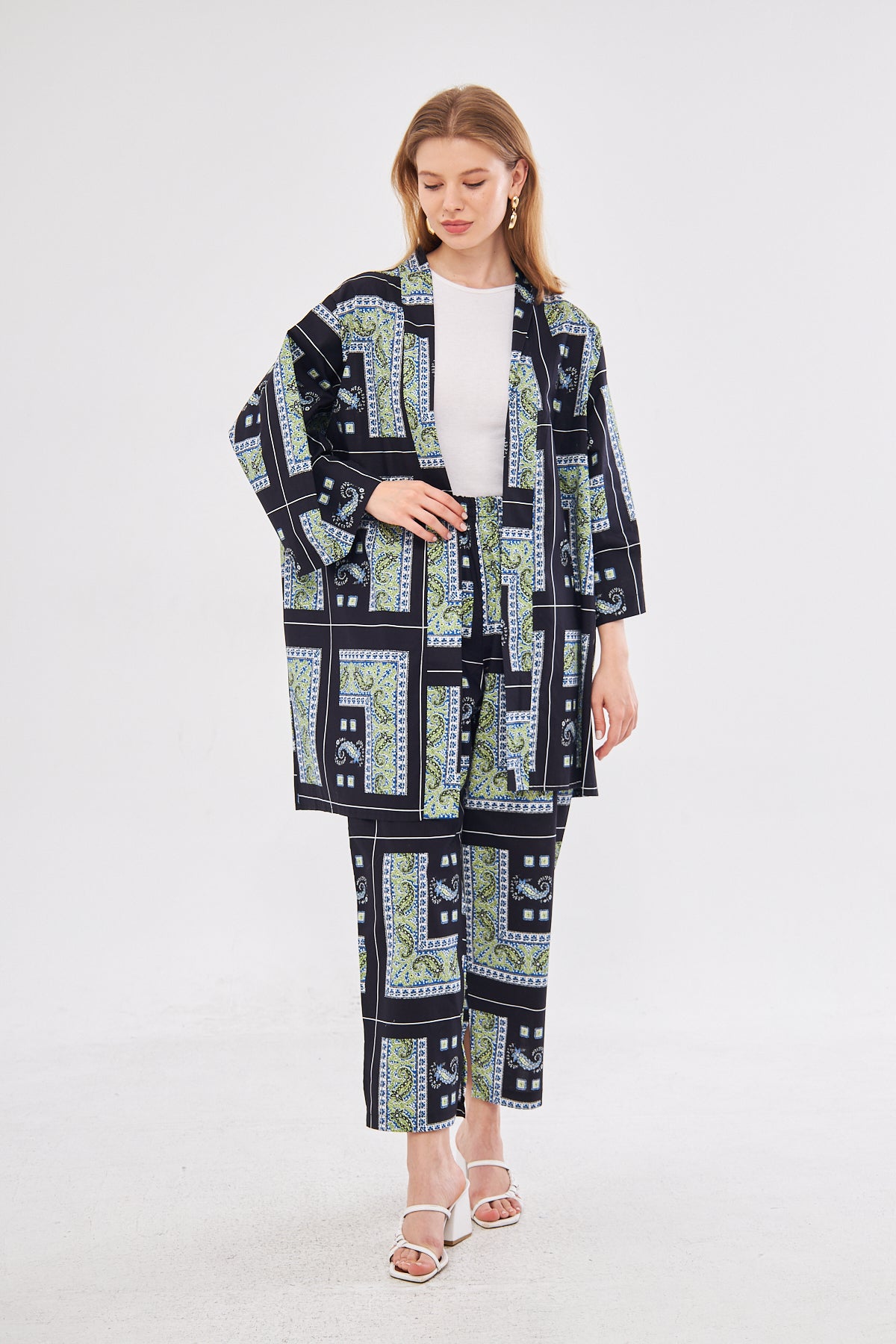 Jordan Printed Patchwork Kimono & Pant Set - Black