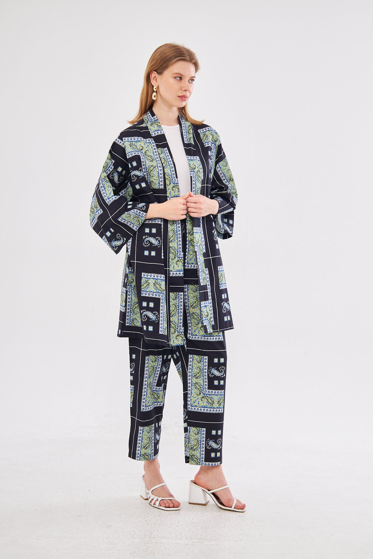 Jordan Printed Patchwork Kimono & Pant Set - Black