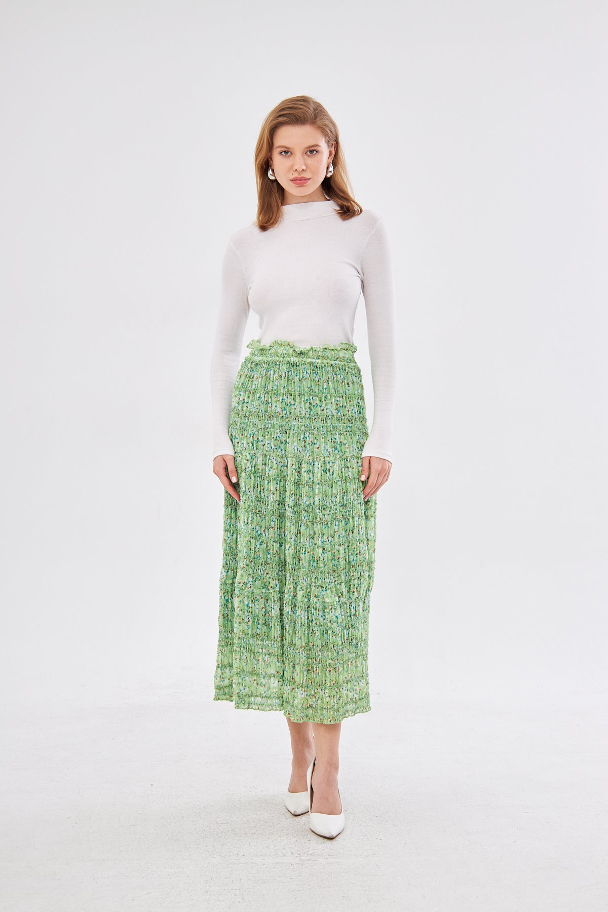 Aliya Floral Smocked Midi Skirt- Light Green